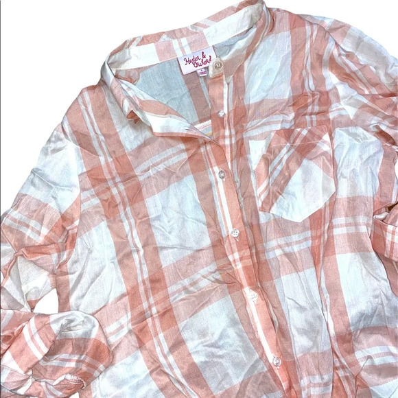 Hester & Orchard tie front button down shirt size small pink and white - Picture 2 of 5